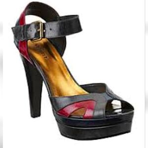 Nine West Debutante 5" stacked Heel Ankle Strap Three Tone Leather pumps Sz 7.5